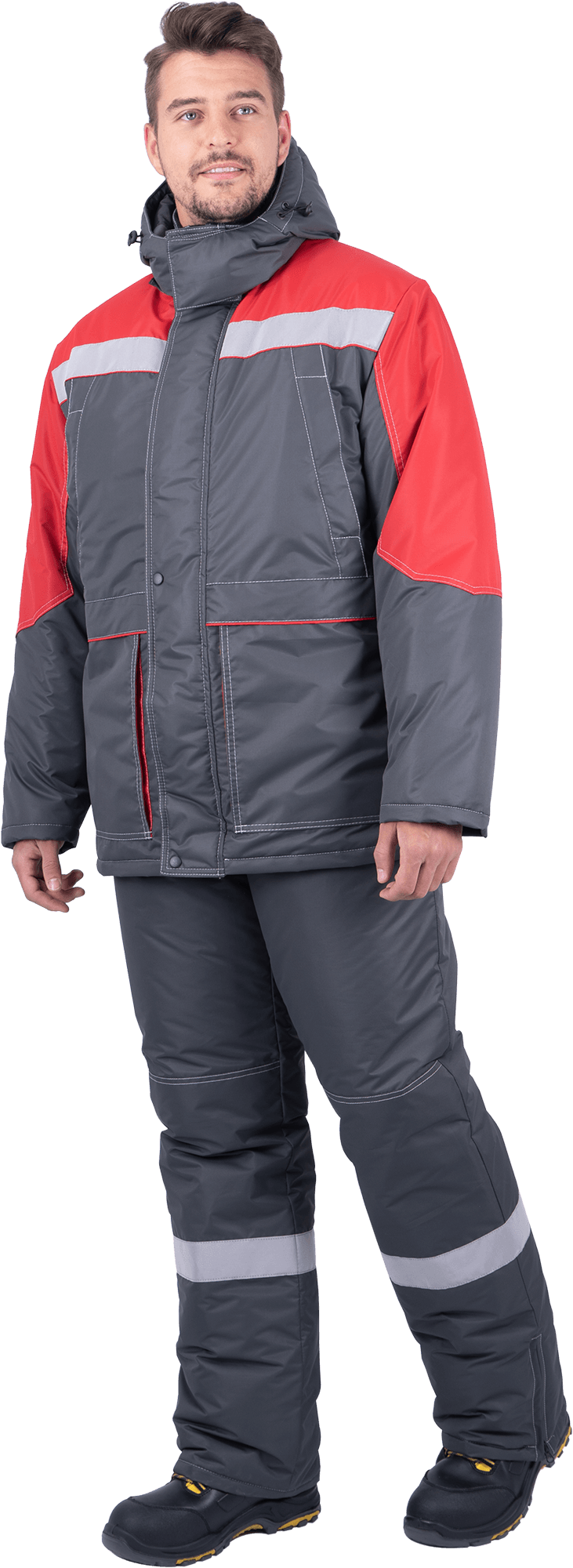Костюм мужской ЕНИСЕЙ от пониженных температур воздуха и ветра, механических воздействий и ОПЗ (куртка, полукомбинезон), серый/красный
