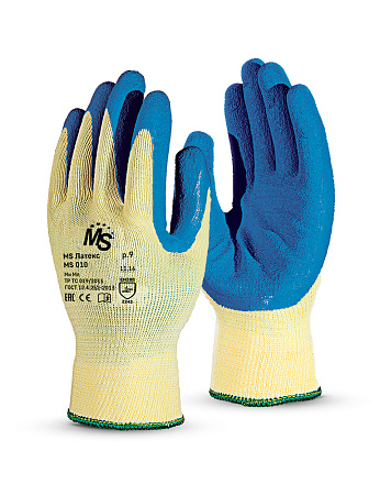 Перчатки MS Латекс (MS-141), хлопок/полиэфир, латекс частичный, оверлок, цвет желто-синий
